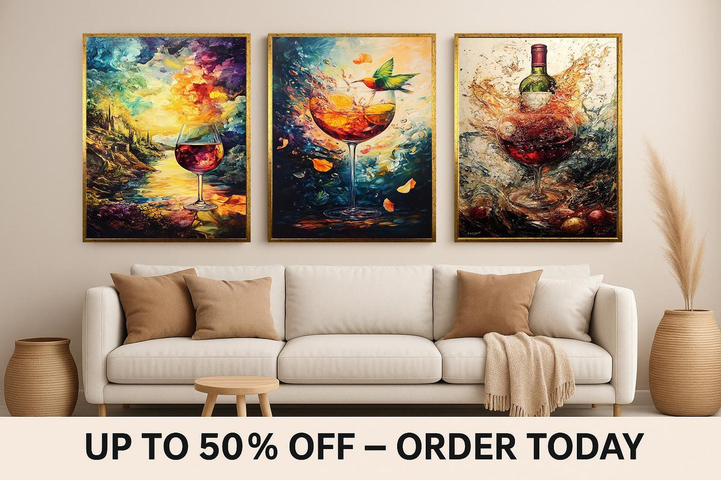Wine Art Canvas Print Set: Hummingbird, Sunset, Abstract Wine Bottle