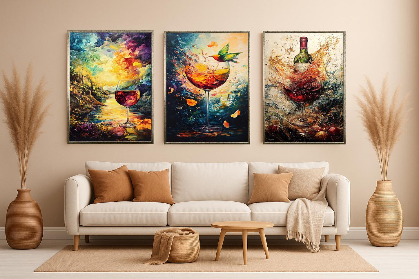 Wine Art Canvas Print Set: Hummingbird, Sunset, Abstract Wine Bottle