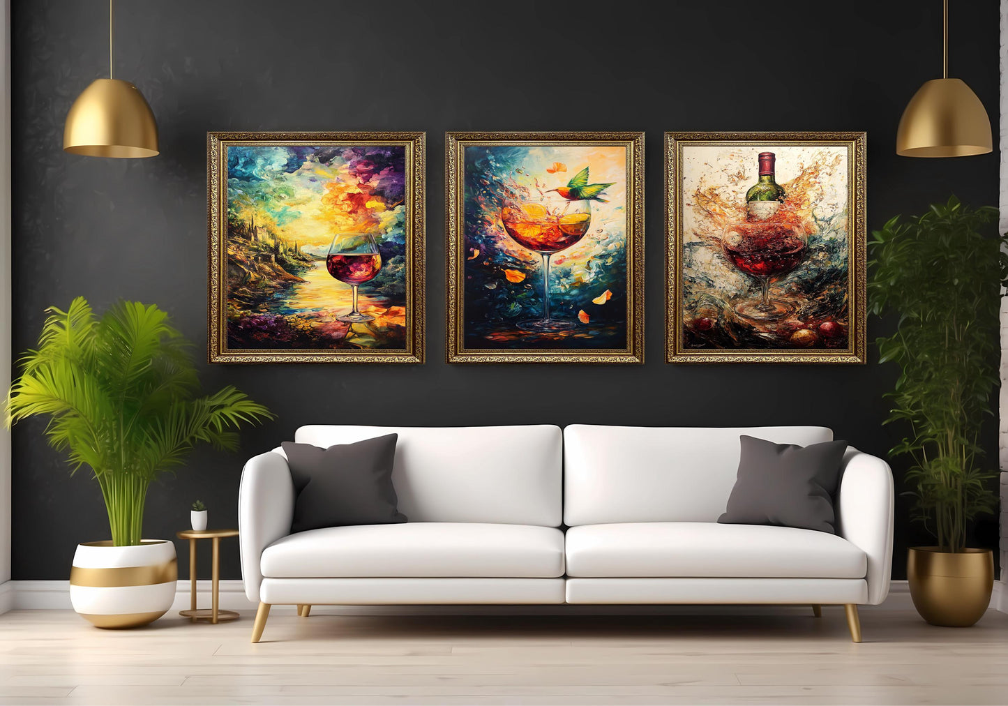 Wine Art Canvas Print Set: Hummingbird, Sunset, Abstract Wine Bottle