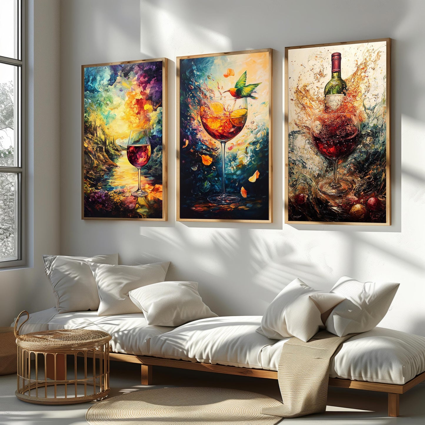 Wine Art Canvas Print Set: Hummingbird, Sunset, Abstract Wine Bottle