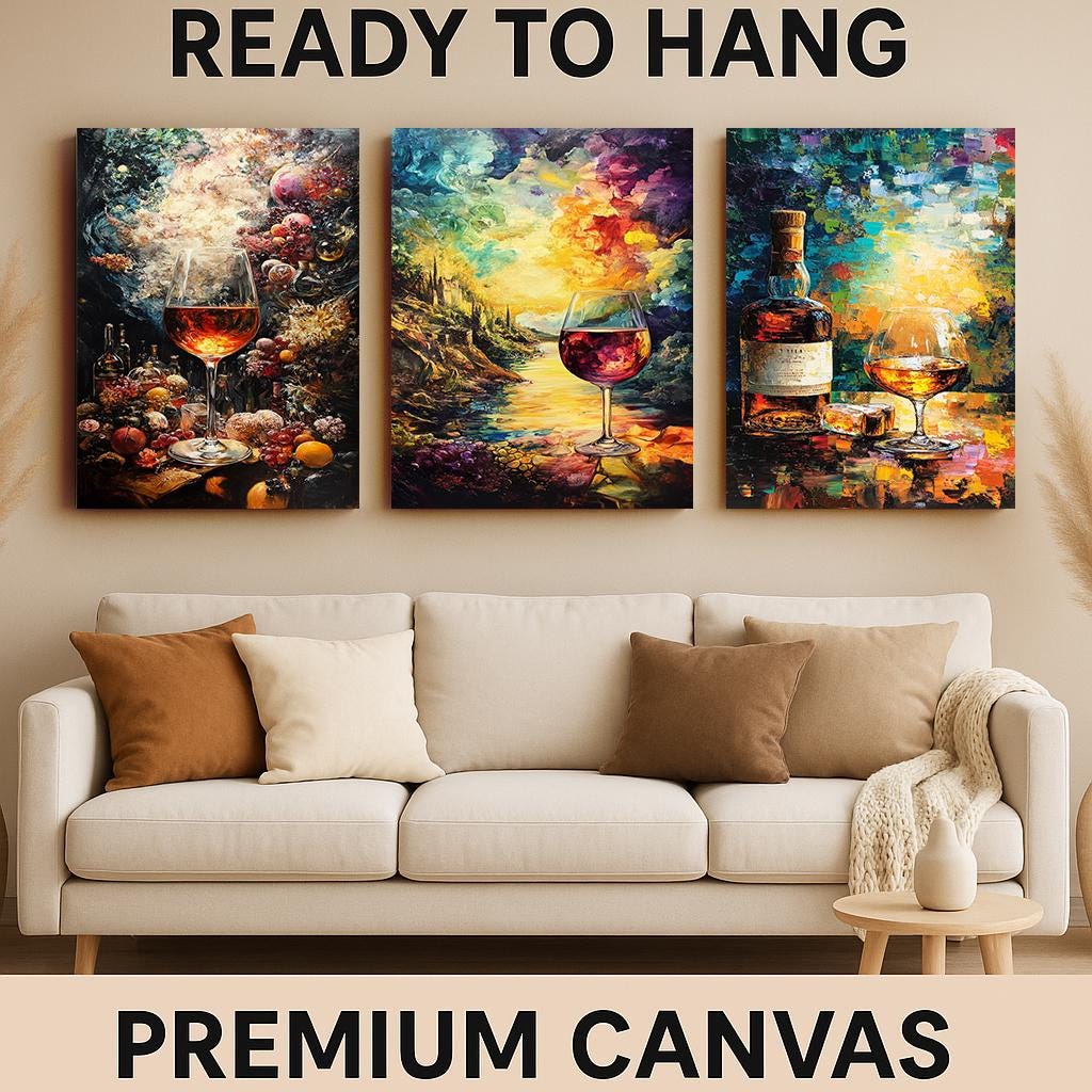 Wine & Whiskey Canvas Print Set: Vineyard Sunset Still Life - Modern Home Art