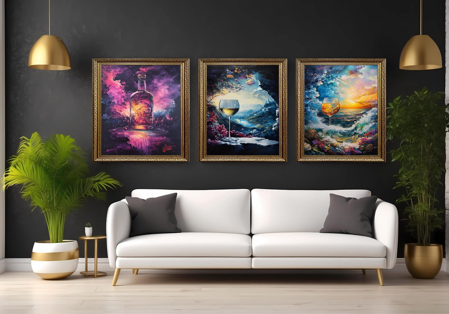 Abstract Wine Art Prints Set: Vineyard, Sunset, Cosmic Bottle