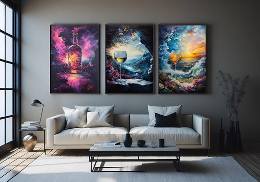 Abstract Wine Art Prints Set: Vineyard, Sunset, Cosmic Bottle