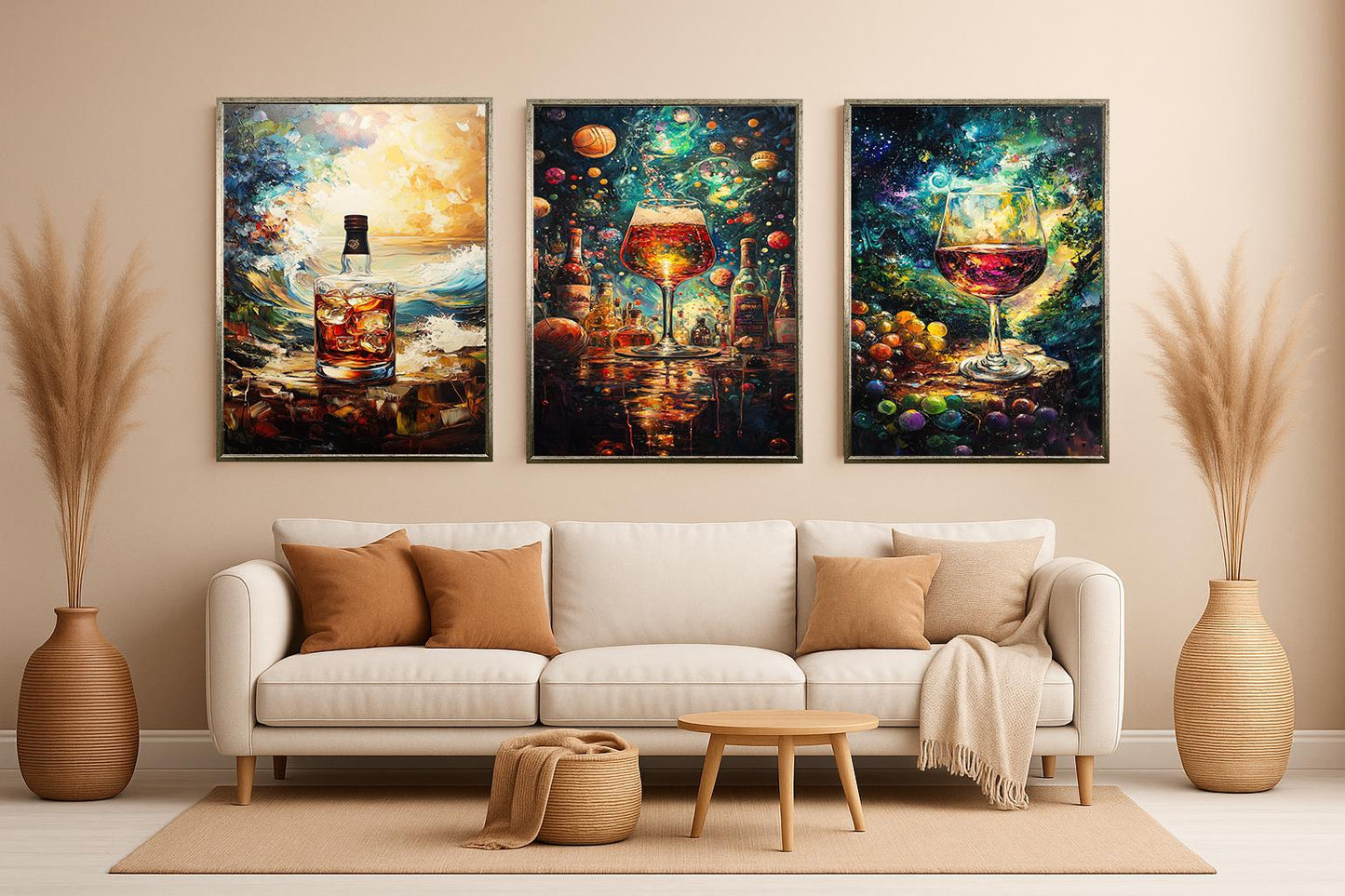 Cosmic Wine & Whiskey Canvas Art Set: Abstract Galaxy Drink Prints