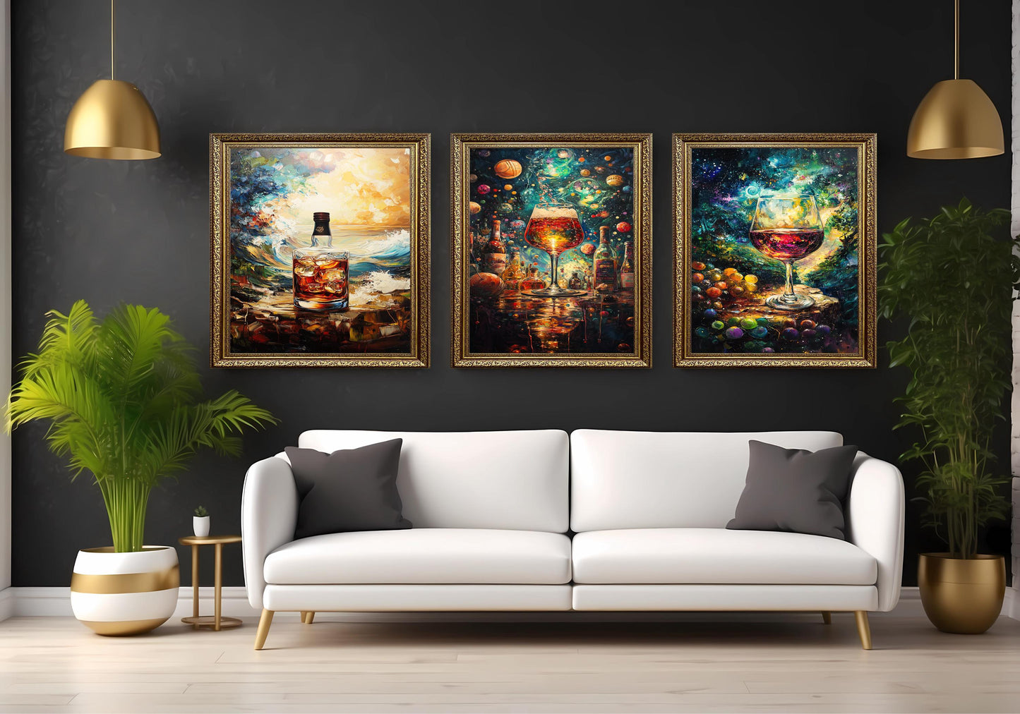 Cosmic Wine & Whiskey Canvas Art Set: Abstract Galaxy Drink Prints