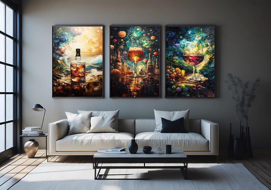 Cosmic Wine & Whiskey Canvas Art Set: Abstract Galaxy Drink Prints