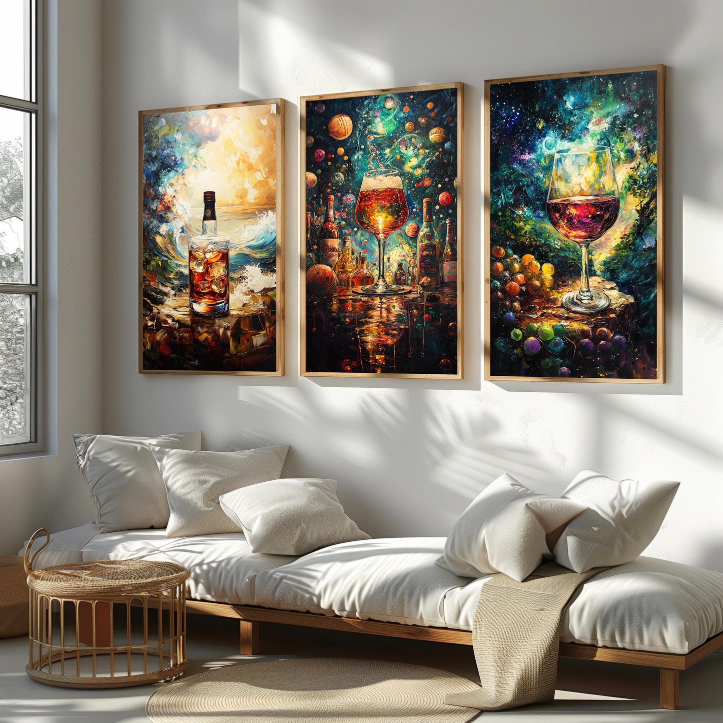 Cosmic Wine & Whiskey Canvas Art Set: Abstract Galaxy Drink Prints