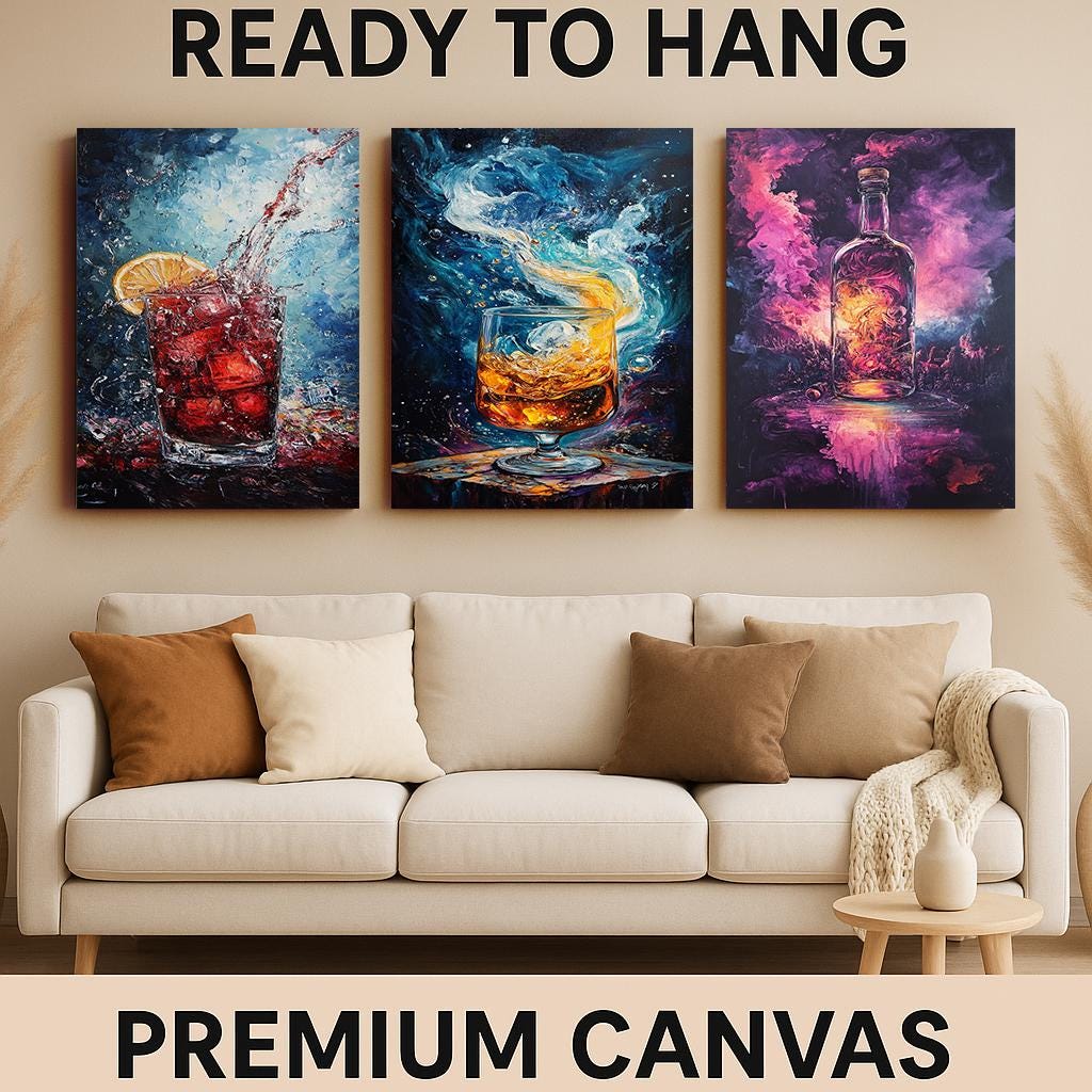 Cosmic Cocktail Canvas Print Set: Abstract Galaxy Bar Art