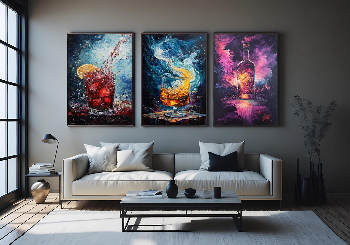Cosmic Cocktail Canvas Print Set: Abstract Galaxy Bar Art