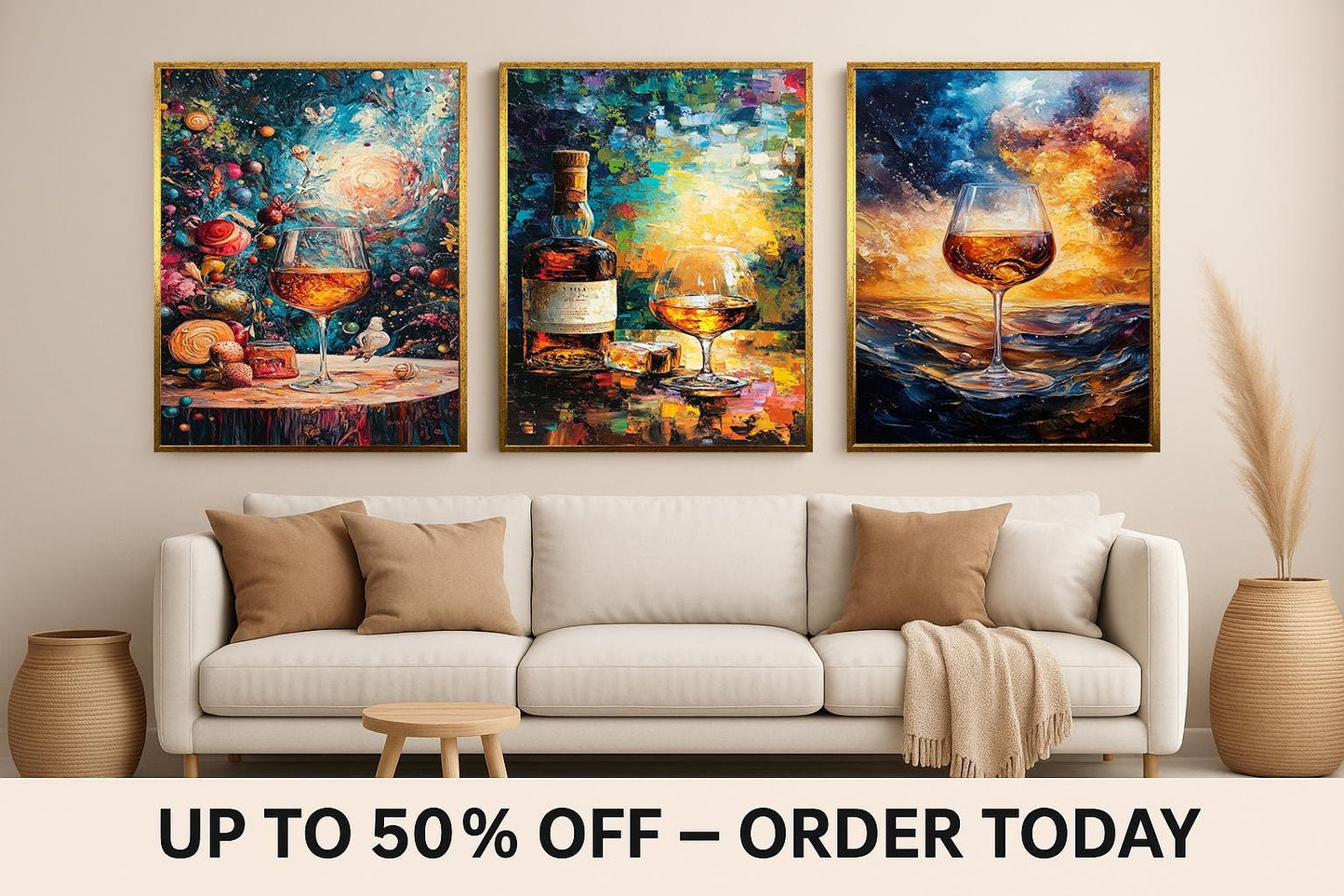 Abstract Wine & Whiskey Canvas Print Set: Golden Still Life Wall Art