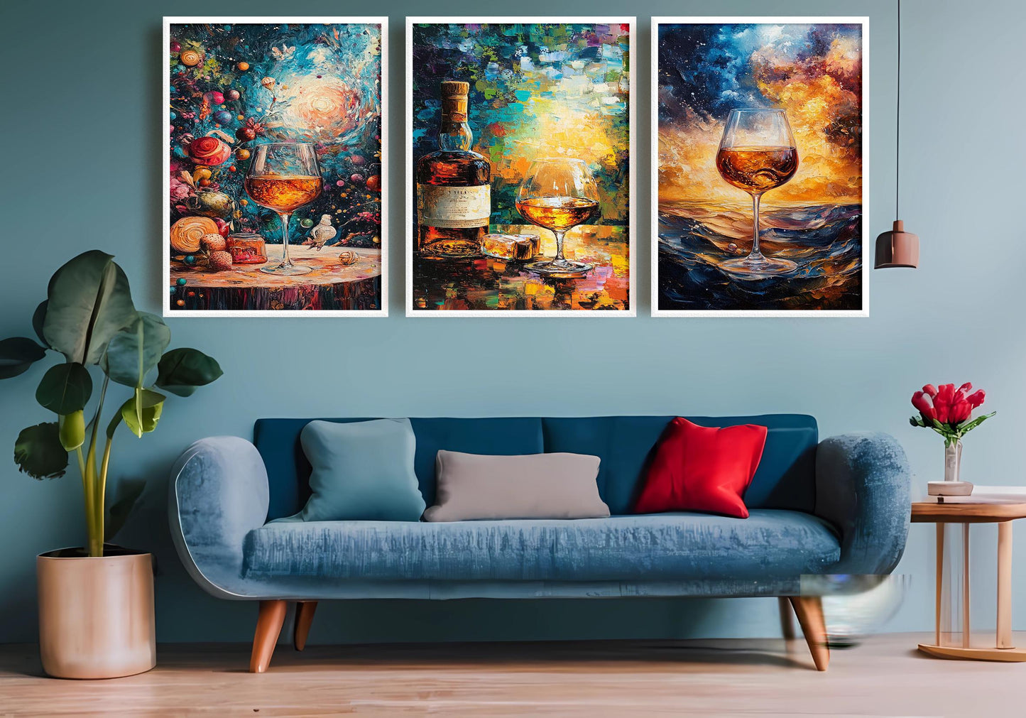 Abstract Wine & Whiskey Canvas Print Set: Golden Still Life Wall Art