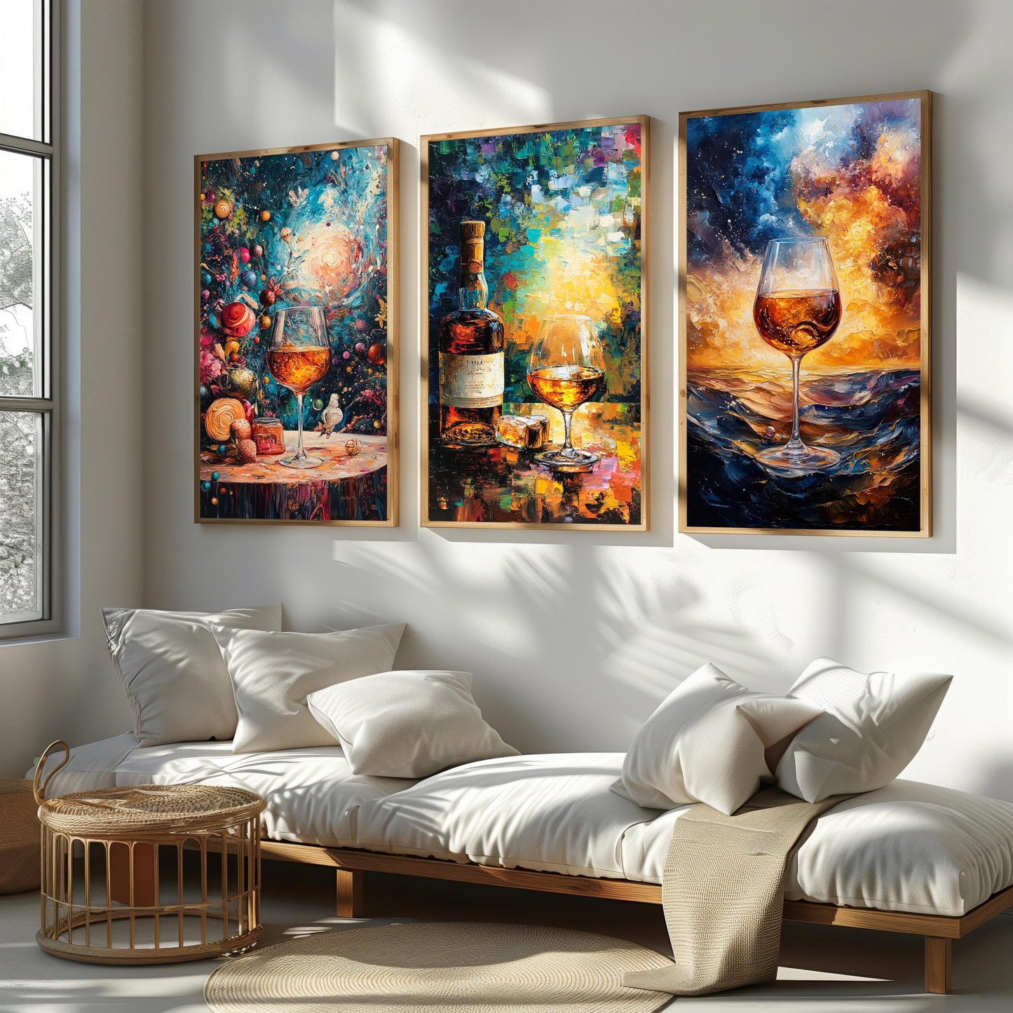 Abstract Wine & Whiskey Canvas Print Set: Golden Still Life Wall Art