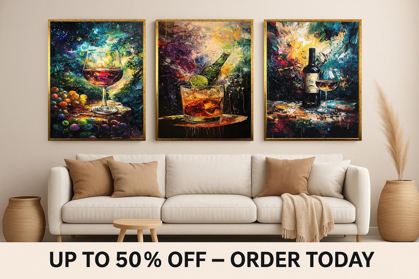 Abstract Wine & Cocktail Canvas Art Prints - Set of 3