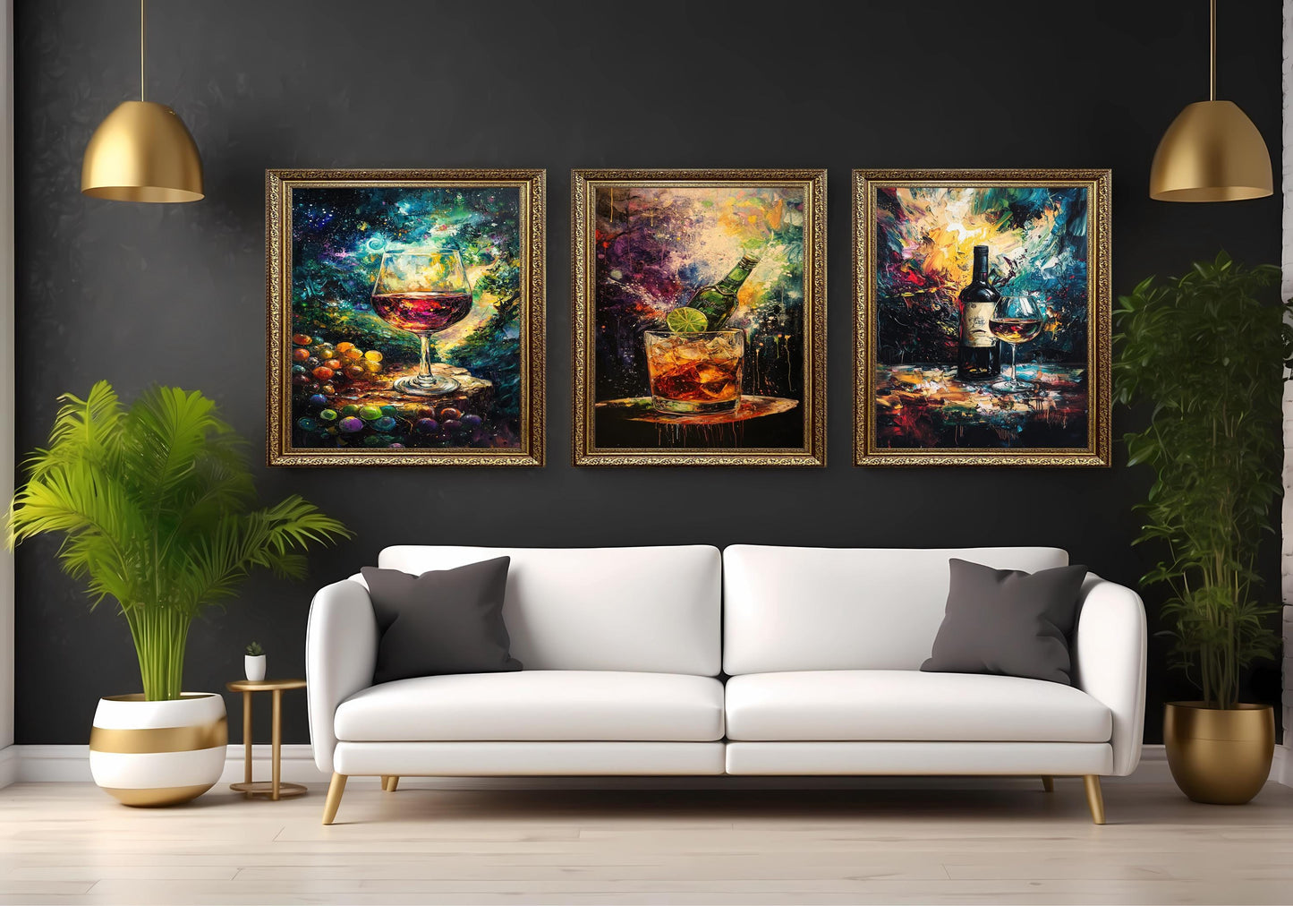 Abstract Wine & Cocktail Canvas Art Prints - Set of 3