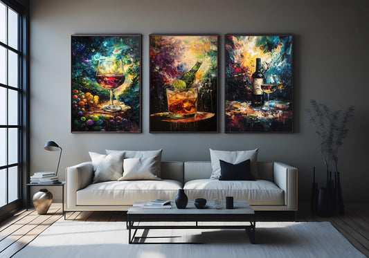 Abstract Wine & Cocktail Canvas Art Prints - Set of 3