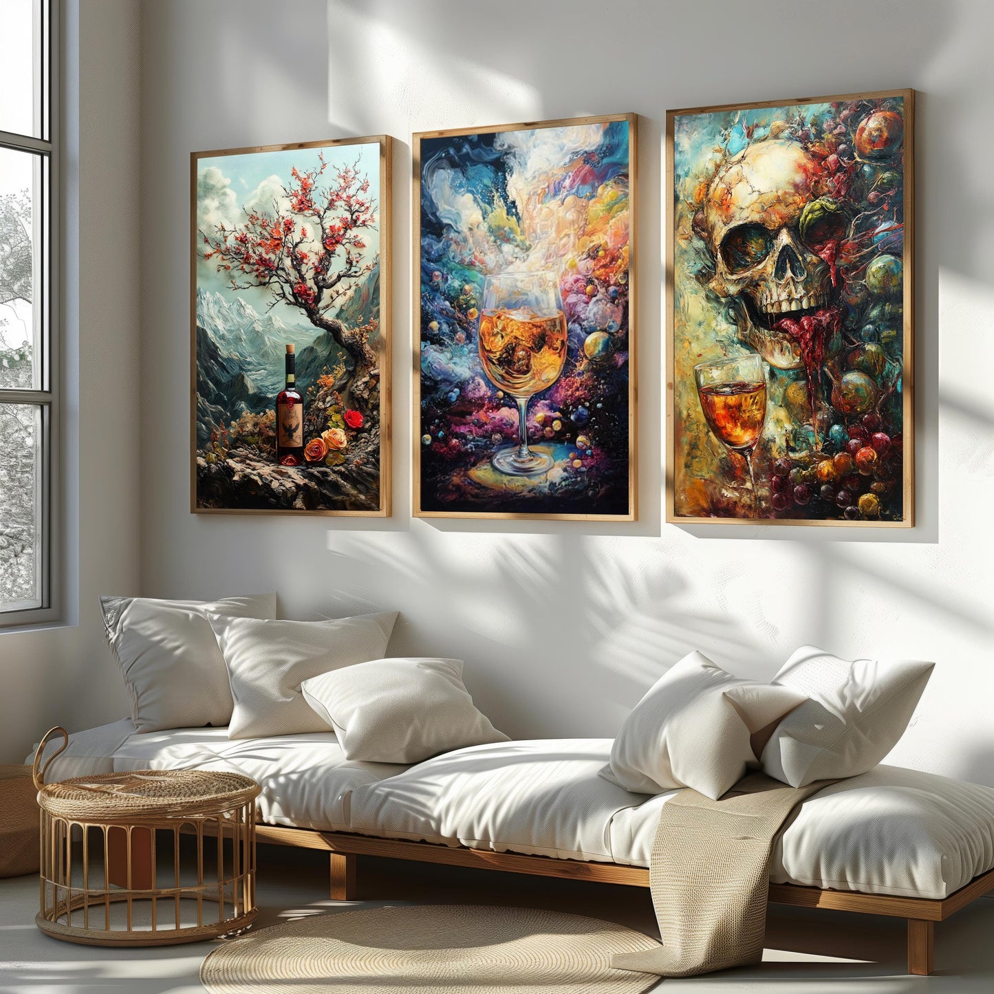 Mystical Wine & Whiskey Canvas Print Set: Gothic Skull, Cosmic Drink, Mountain Art