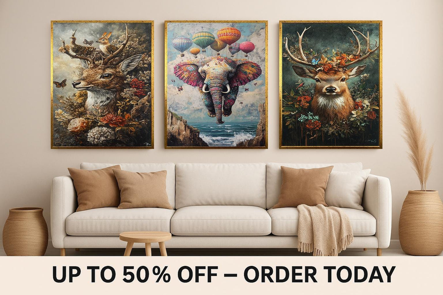 Whimsical Animal Canvas Print Set: Elephant, Deer, Floral Nursery Art