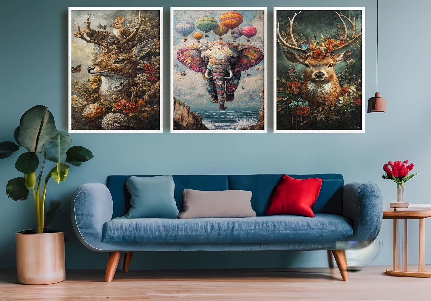 Whimsical Animal Canvas Print Set: Elephant, Deer, Floral Nursery Art