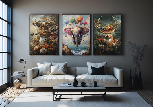 Whimsical Animal Canvas Print Set: Elephant, Deer, Floral Nursery Art
