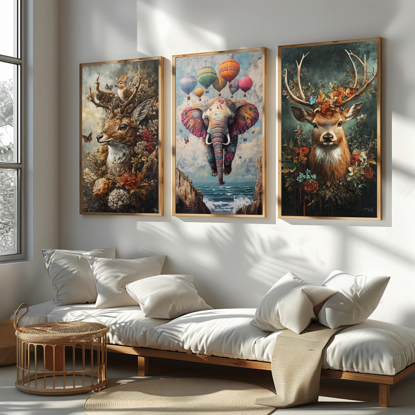 Whimsical Animal Canvas Print Set: Elephant, Deer, Floral Nursery Art