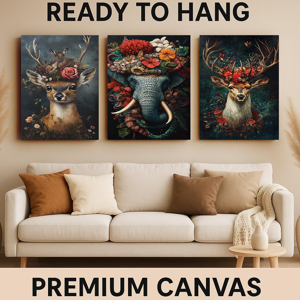 Floral Animal Canvas Print Set: Elephant, Deer - Surreal Wall Art