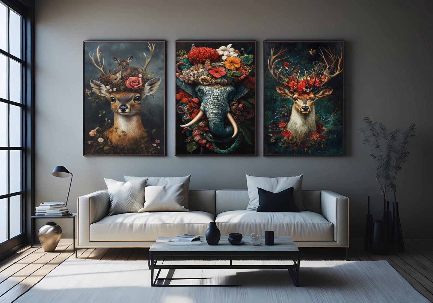 Floral Animal Canvas Print Set: Elephant, Deer - Surreal Wall Art