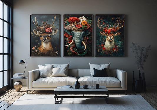 Floral Animal Canvas Print Set: Elephant, Deer - Surreal Wall Art