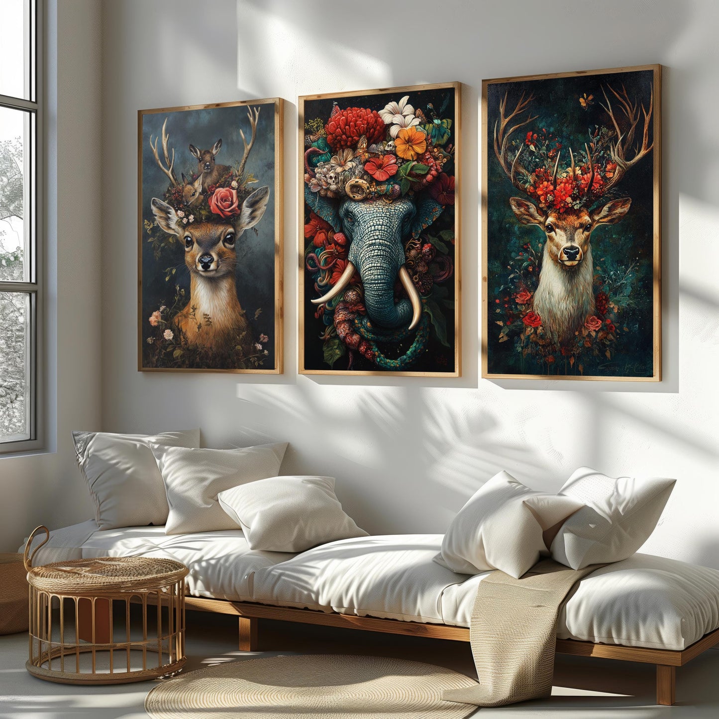 Floral Animal Canvas Print Set: Elephant, Deer - Surreal Wall Art