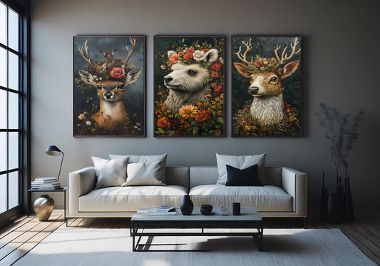 Floral Animal Canvas Print Set: Deer, Bear, Woodland Nursery Decor