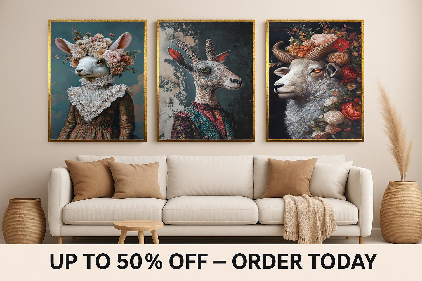 Whimsical Animal Portrait Set: Goat, Ram, Rabbit - Surreal Wall Art
