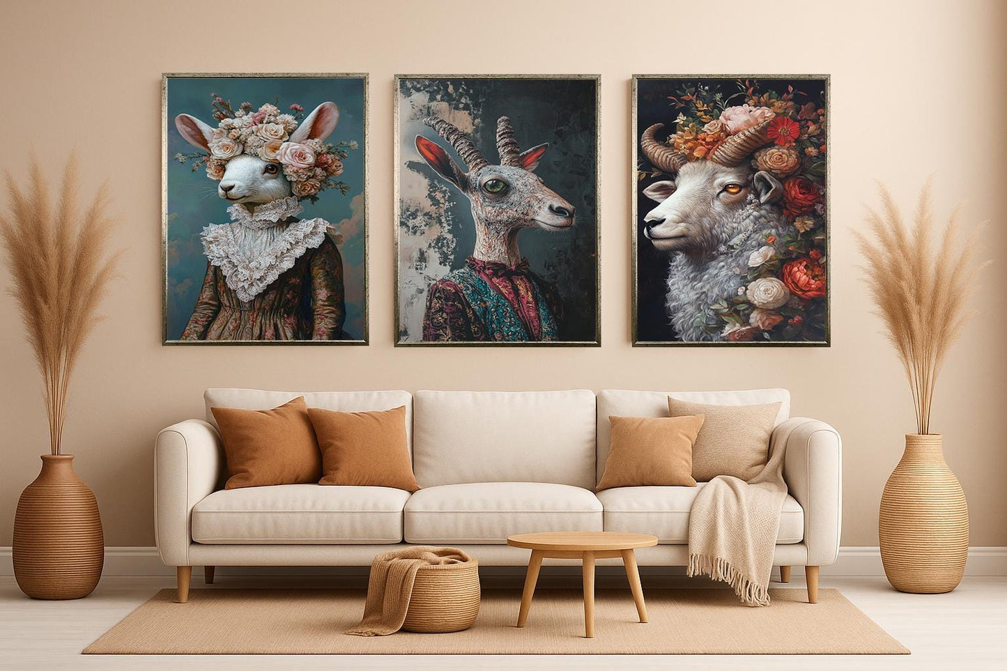 Whimsical Animal Portrait Set: Goat, Ram, Rabbit - Surreal Wall Art
