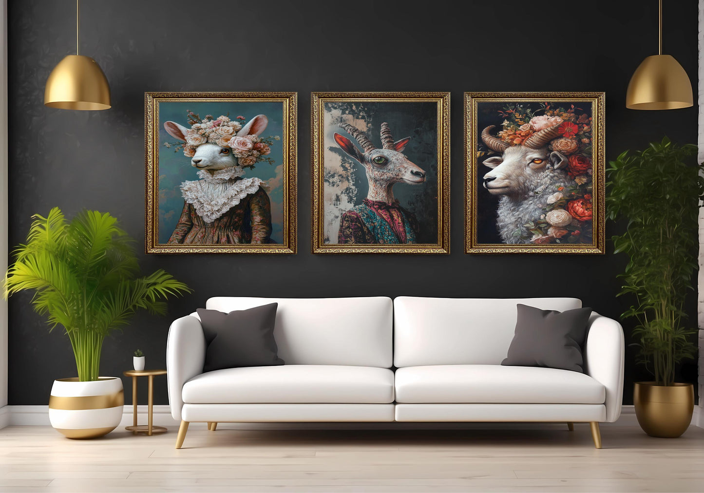 Whimsical Animal Portrait Set: Goat, Ram, Rabbit - Surreal Wall Art