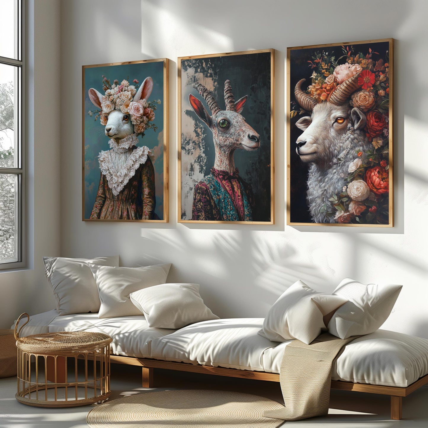 Whimsical Animal Portrait Set: Goat, Ram, Rabbit - Surreal Wall Art