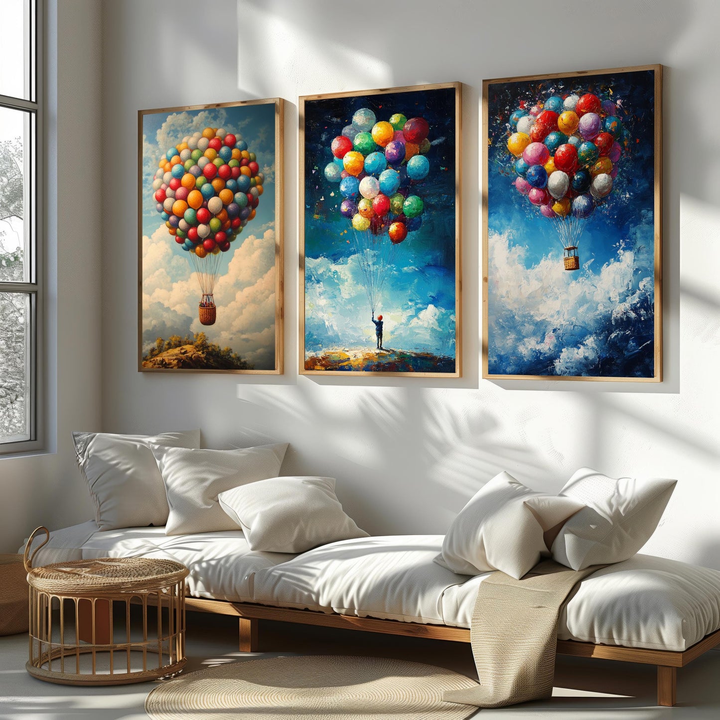 Whimsical Balloon Canvas Print Set: Child & Hot Air Balloon Wall Art