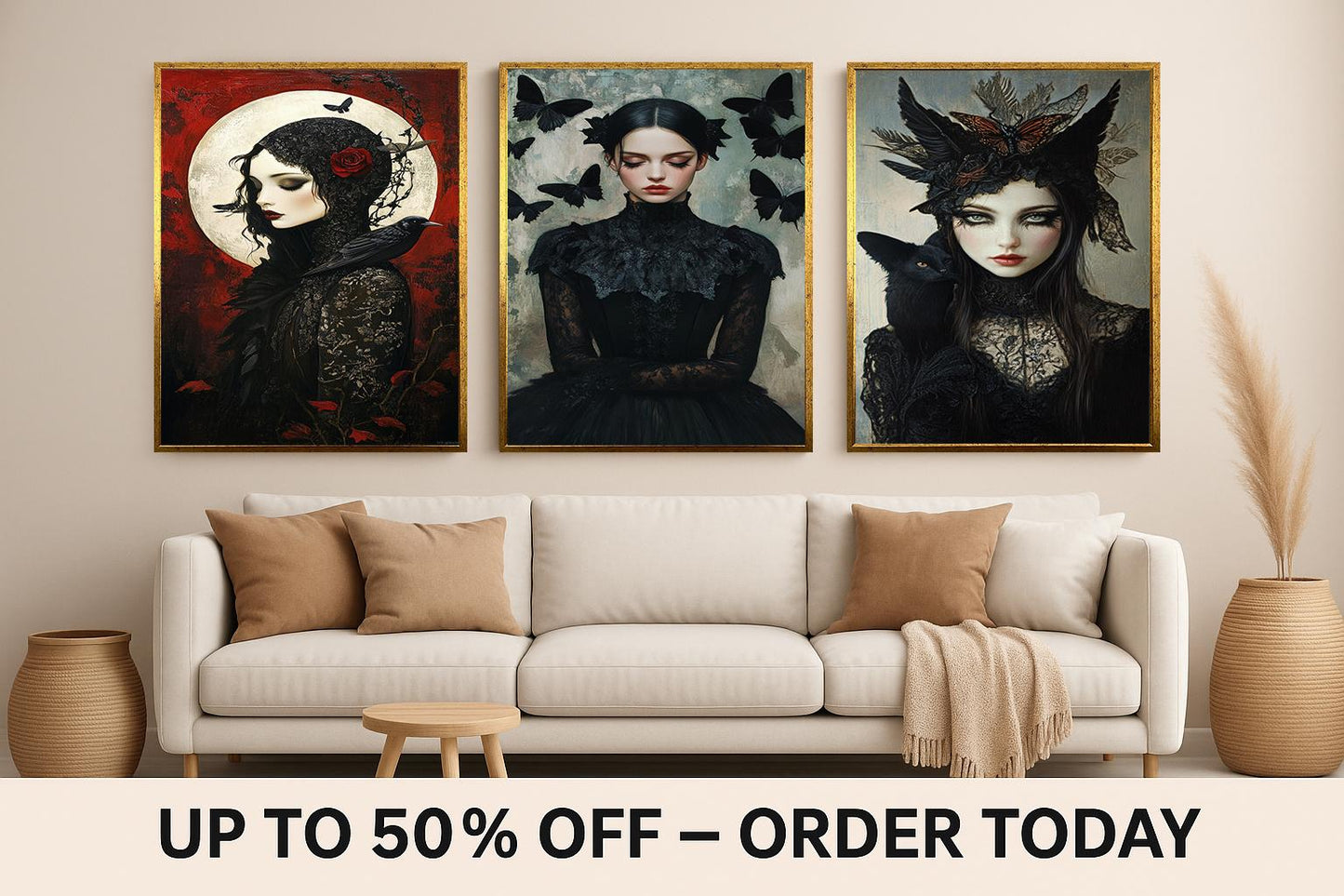 Gothic Victorian Woman Art Prints: Black Cat, Crow & Butterfly - Set of 3