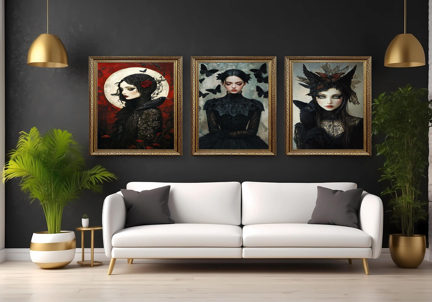 Gothic Victorian Woman Art Prints: Black Cat, Crow & Butterfly - Set of 3