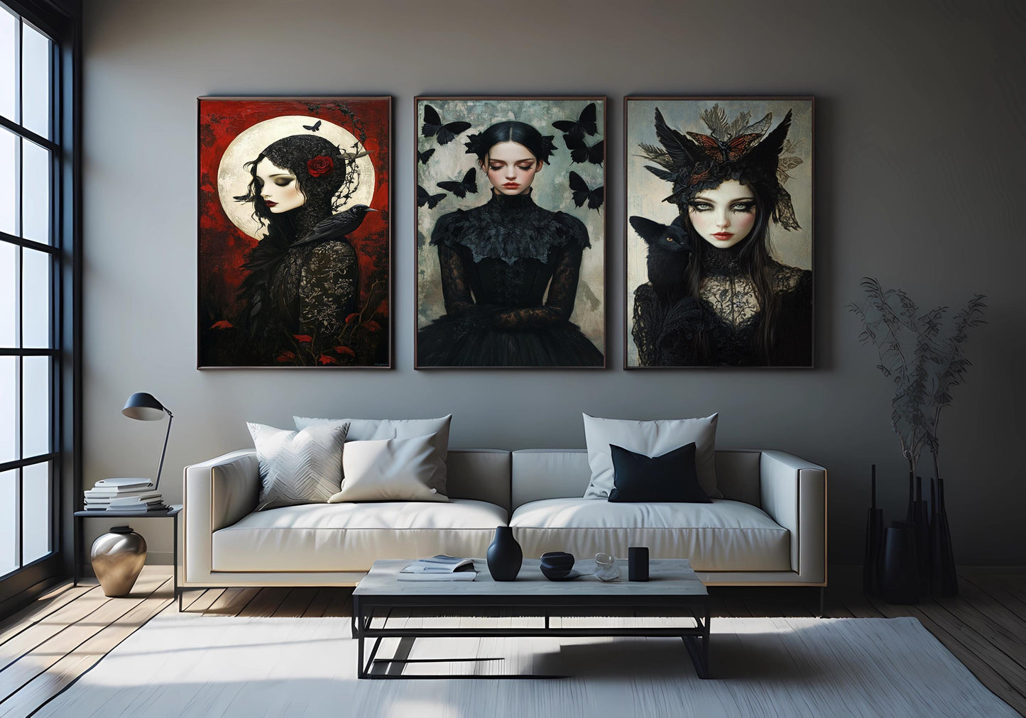 Gothic Victorian Woman Art Prints: Black Cat, Crow & Butterfly - Set of 3