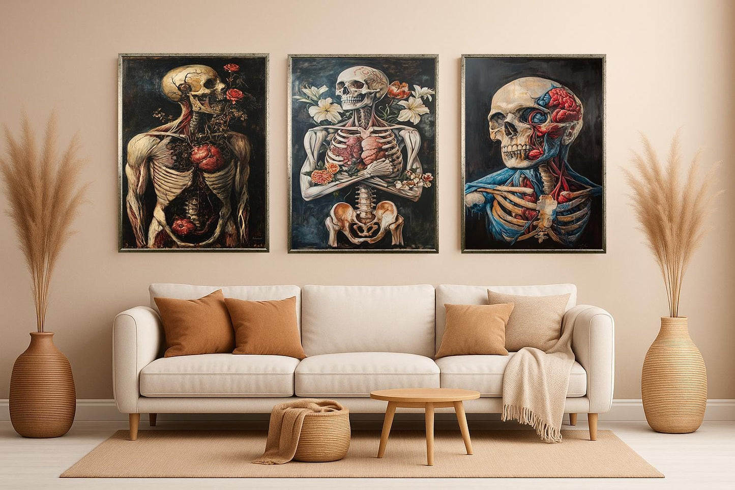 Anatomical Skeleton Art Prints: Gothic Floral Skull Decor, Set of 3