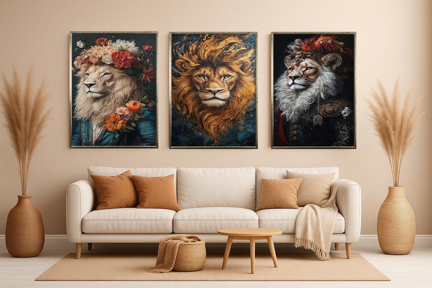 Floral Lion Portrait Set - Regal Animal Wall Art