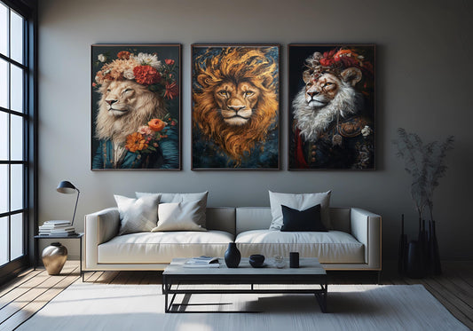 Floral Lion Portrait Set - Regal Animal Wall Art