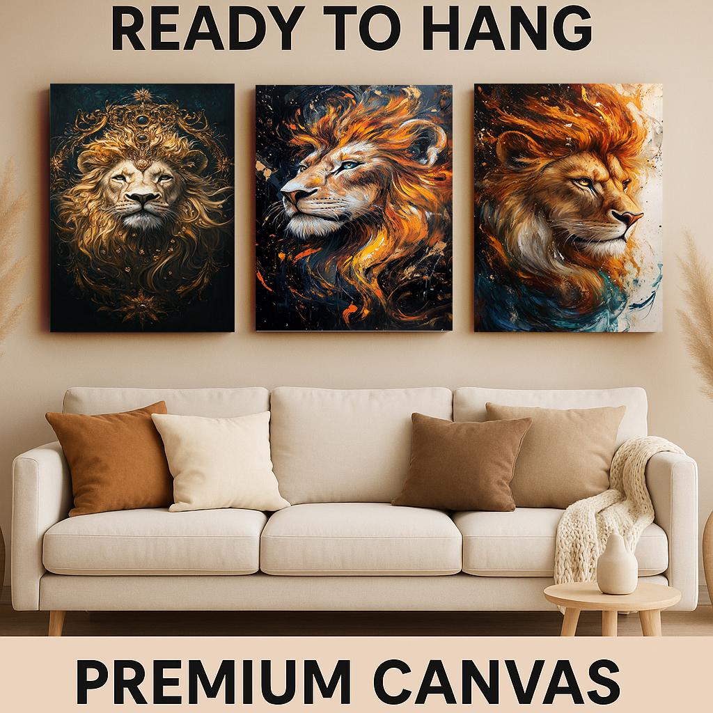 Majestic Lion Wall Art Set: Abstract Jungle King Prints with Gold