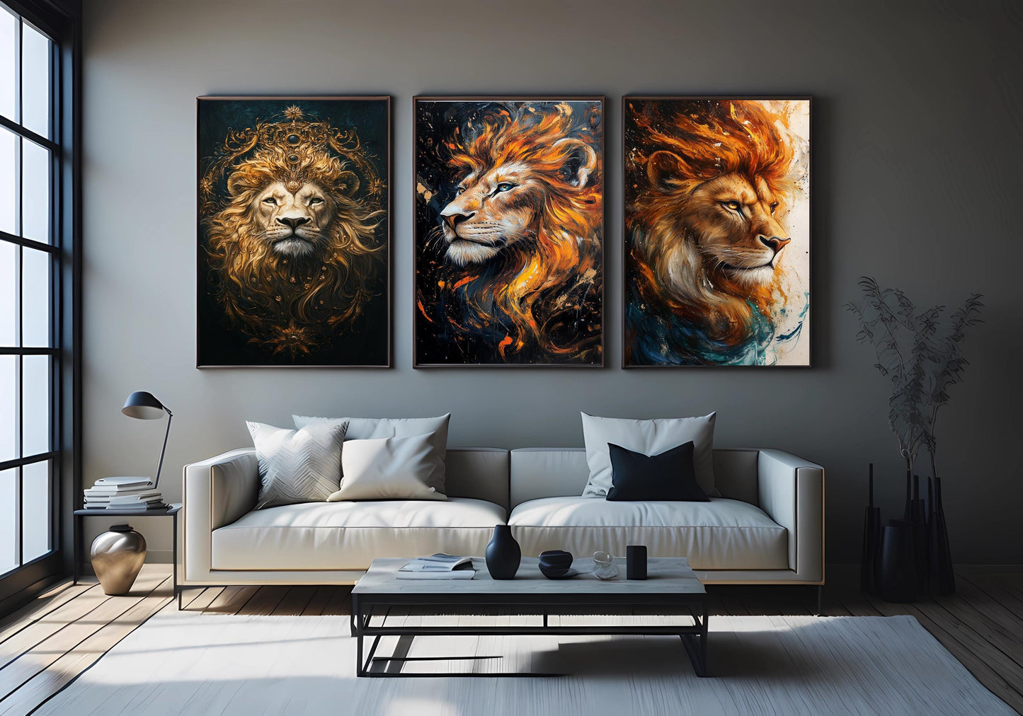 Majestic Lion Wall Art Set: Abstract Jungle King Prints with Gold