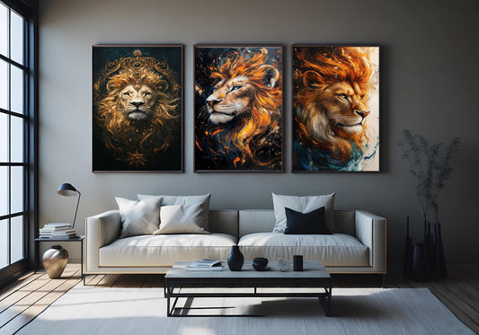Majestic Lion Wall Art Set: Abstract Jungle King Prints with Gold