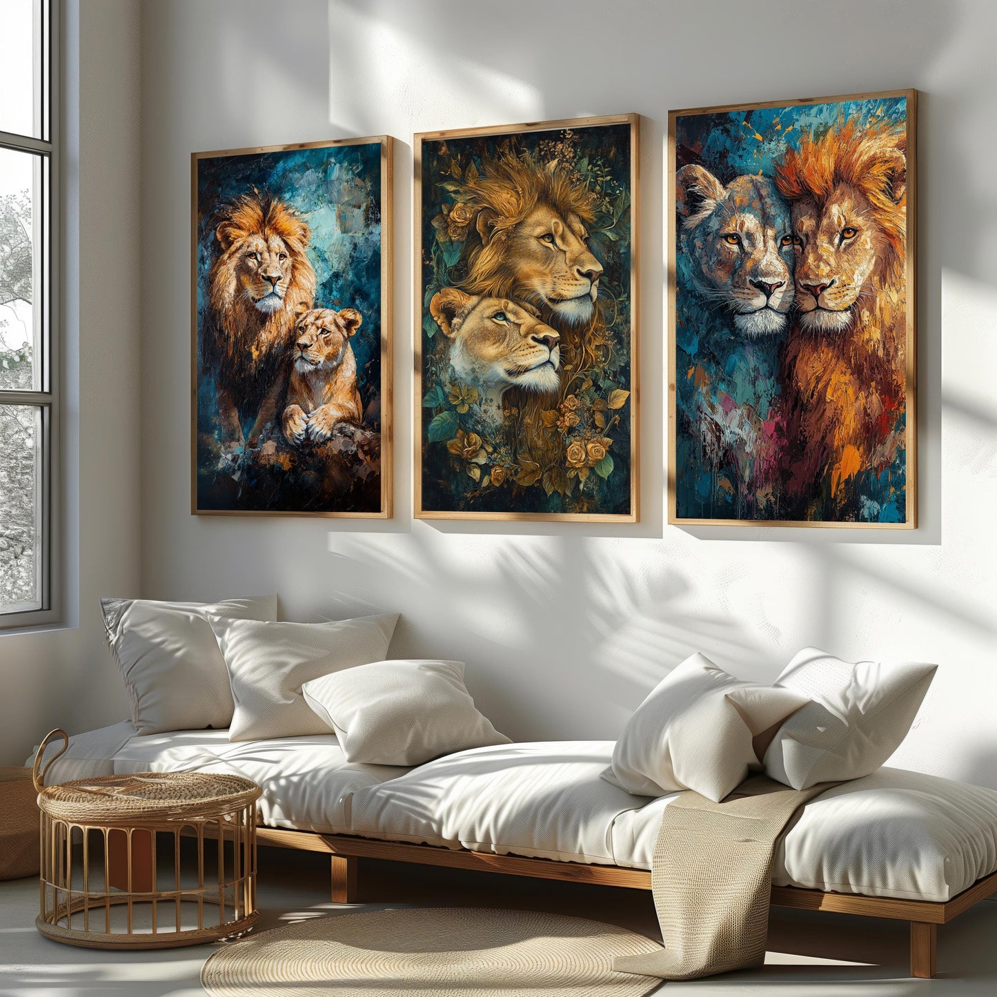 Lion Couple Canvas Art Set: Romantic Floral King and Queen Portraits