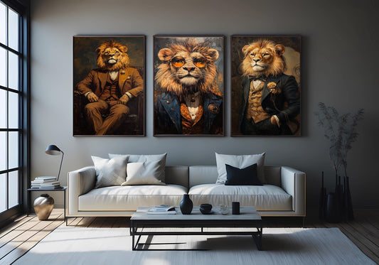 Lion Gentleman Art Set: Regal Animal Portrait Prints