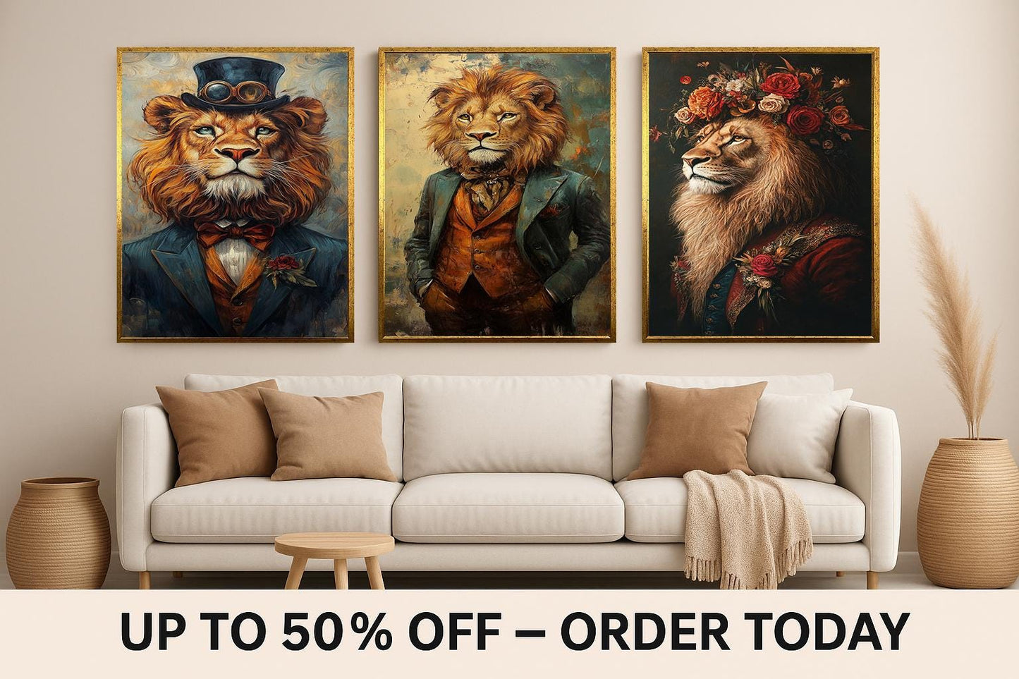 Lion Portrait Art Set: Royal Steampunk Style, Eclectic Wall Decor