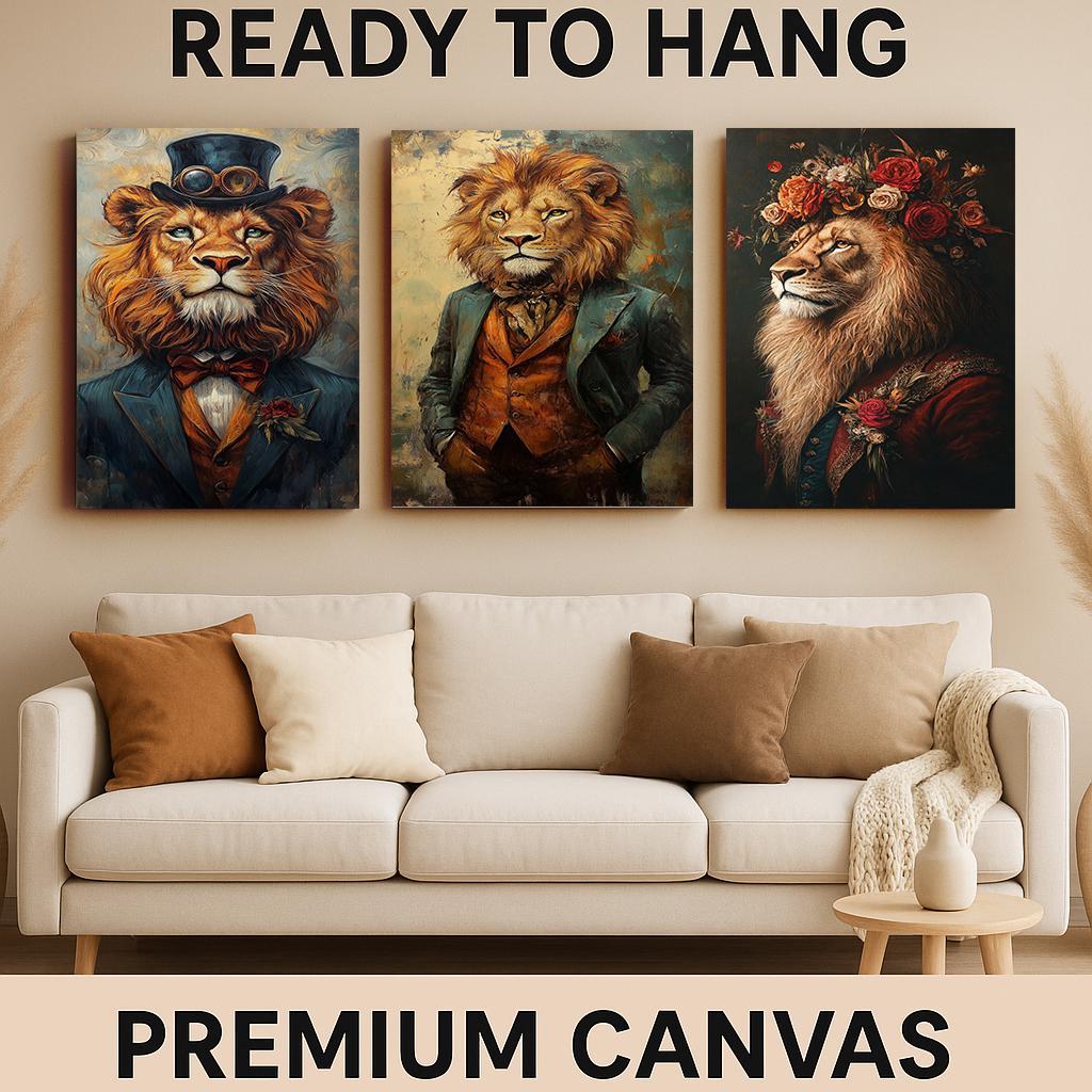 Lion Portrait Art Set: Royal Steampunk Style, Eclectic Wall Decor