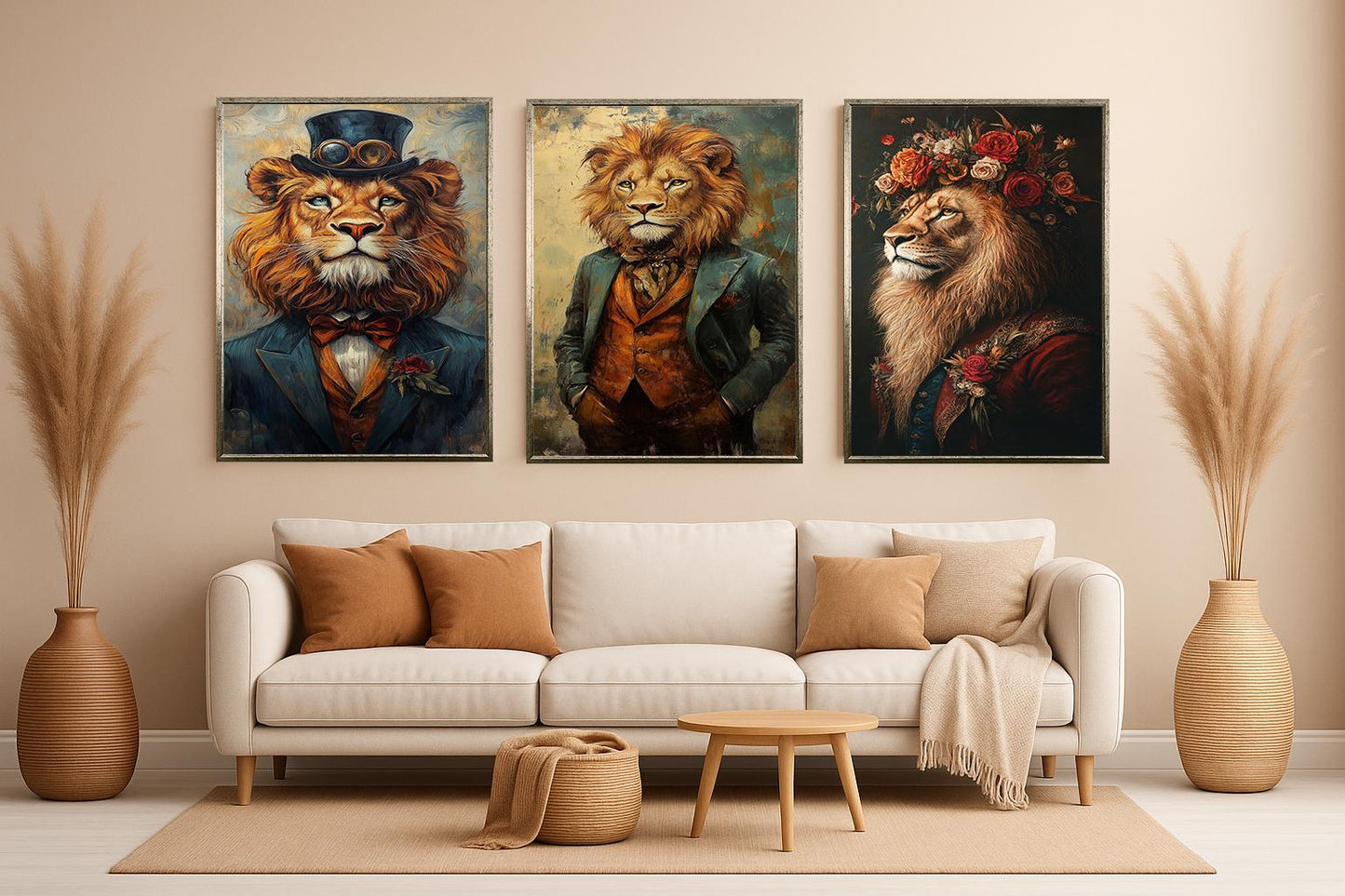 Lion Portrait Art Set: Royal Steampunk Style, Eclectic Wall Decor