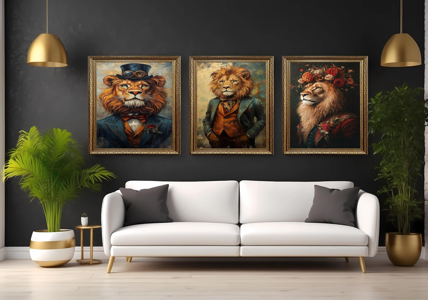 Lion Portrait Art Set: Royal Steampunk Style, Eclectic Wall Decor
