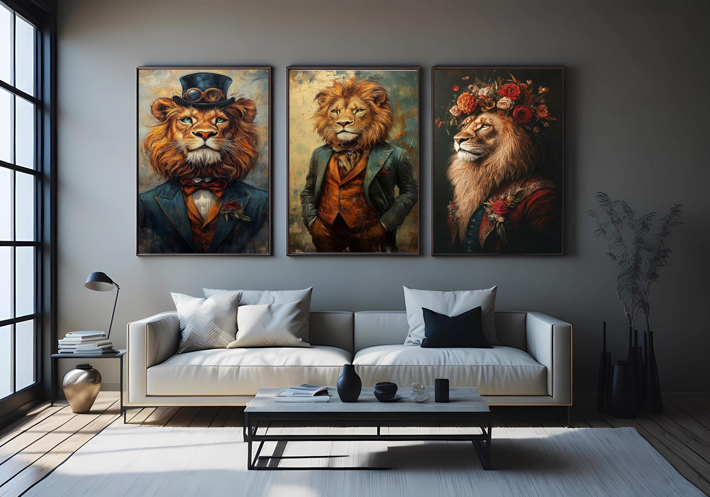 Lion Portrait Art Set: Royal Steampunk Style, Eclectic Wall Decor
